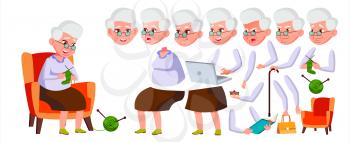 Old Woman Vector. Senior Person Portrait. Elderly People. Aged. Animation Creation Set. Face Emotions, Gestures. Funny Pensioner. Leisure Announcement Animated Isolated Illustration