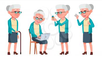 Old Woman Poses Set Vector. Elderly People. Senior Person. Aged. Cute Retiree. Activity. Advertisement, Greeting, Announcement Design Isolated Cartoon Illustration
