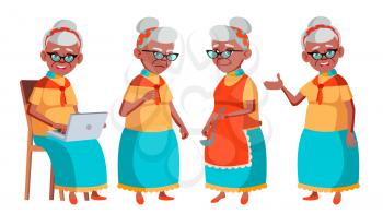 Old Woman Poses Set Vector. Black. Afro American. Elderly People. Senior Person. Aged. Caucasian Retiree. Smile. Advertisement, Greeting Announcement Design Isolated Cartoon Illustration