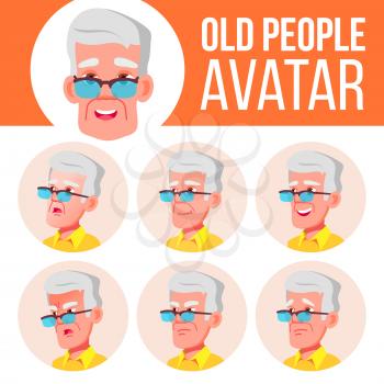 Old Man Avatar Set Vector. Face Emotions. Senior Person Portrait. Elderly People. Aged. Portrait. Caucasian. Cartoon Head Illustration