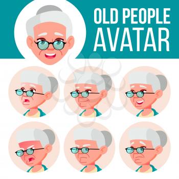 Old Woman Avatar Set Vector. Face Emotions. Senior Person Portrait. Elderly People. Aged. Flat, Portrait. Caucasian. Cartoon Head Illustration