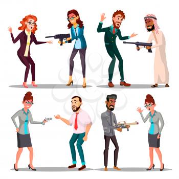Business People With Gun Vector. Man, Woman. Pointing, Aiming. Sad, Desperate Attempt Terrorism Isolated Illustration