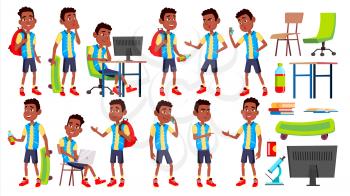 Boy Schoolboy Kid Poses Set Vector. High School Child. Black. Afro American. Children Study. Knowledge, Learn, Lesson. For Advertising, Placard, Print Design Isolated Cartoon Illustration