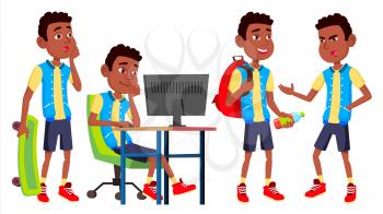 Boy Schoolboy Kid Poses Set Vector. High School Child. Classmate. Teenager, Classroom, Room. Black. Afro American. For Advertising, Booklet Placard Design Isolated Cartoon Illustration