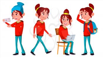 Girl Schoolgirl Kid Poses Set Vector. High School Child. Secondary Education. Educational, Auditorium, Lecture. For Cover, Placard Design. Isolated Cartoon Illustration