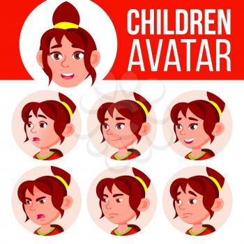 Girl Avatar Set Kid Vector. High School. Face Emotions. Flat, Portrait. Cute, Comic, Web Cartoon Head Illustration