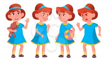 Girl Kindergarten Kid Poses Set Vector. Character Playing. Childish. Casual Clothe. For Presentation, Print, Invitation Design. Isolated Cartoon Illustration