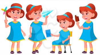 Girl Kindergarten Kid Poses Set Vector. Kiddy, Child Expression. Junior. For Postcard, Cover, Placard Design. Isolated Cartoon Illustration