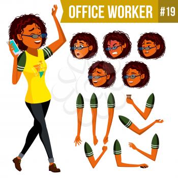 Office Worker Vector. Woman. Smiling Servant, Officer. Business Person. Face Emotions, Various Gestures. Animation Creation Set. Flat Cartoon Illustration
