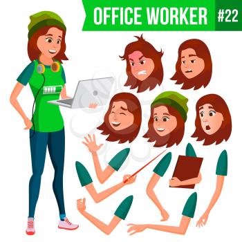 Office Worker Vector. Woman. Smiling Servant, Officer. Business Person. Face Emotions, Various Gestures. Animation Creation Set. Flat Cartoon Illustration