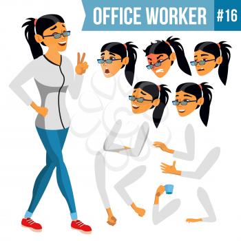 Office Worker Vector. Woman. Smiling Servant, Officer. Businessman Human. Lady Face Emotions, Various Gestures. Animation Creation Set. Isolated Flat Cartoon Character Illustration