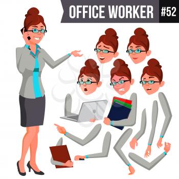Office Worker Vector. Woman. Successful Officer, Clerk, Servant. Business Woman Worker. Face Emotions, Various Gestures. Animation Creation Set. Isolated Flat Illustration