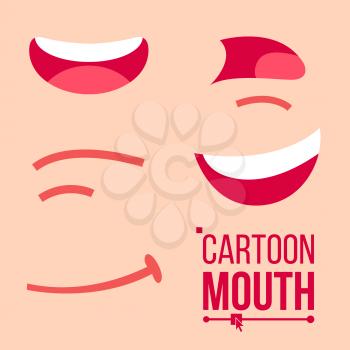Cartoon Mouth Set Vector. Tongue, Smile, Teeth. Expressive Emotions. Poses Elements Flat Illustration