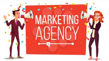 Marketing agency Banner Vector. Inbound, Outbound Marketing Banner. Male, Female With Megaphone, Loudspeaker. Place For Text. Illustration