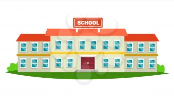 School Building Vector. Modern Education City Construction. Urban Sign. Font Yard. Isolated Cartoon Illustration