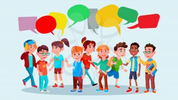 Group Of Pupils Vector. School. Mix Race. Chat Bubbles. Communication Social Network. Social Group. Flat Cartoon Illustration