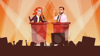 Political Meeting Vector. Political Campaign. Tribune. Speaker Training. Persuades To Vote. Advertising Of Candidate. Flat Cartoon Illustration