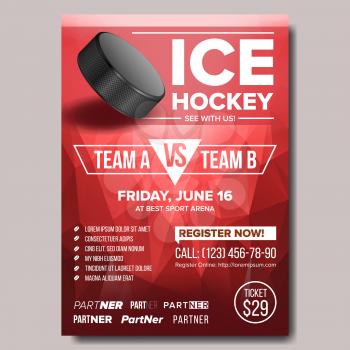 Ice Hockey Poster Vector. Design For Sport Bar Promotion. Ice Hockey Puck. Modern Tournament. Sport Event Announcement. Ice Game. Cafe, Bar, Pub Banner Advertising. Winter. Label Template Illustration