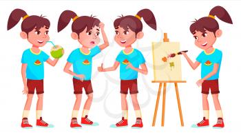 Girl Schoolgirl Kid Poses Set Vector. High School Child. Child Pupil. Subject, Clever, Studying. For Postcard, Announcement, Cover Design. Isolated Cartoon Illustration