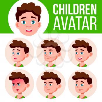 Boy Avatar Set Kid Vector. Primary School. Face Emotions. User, Character. Kids, Positive. Comic Web Cartoon Head Illustration