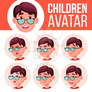 Boy Avatar Set Kid Vector. Primary School. Face Emotions. Emotions, Emotional. Friendly, Weeping Cartoon Head Illustration