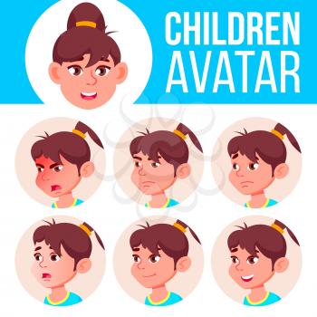 Girl Avatar Set Kid Vector. Primary School. Face Emotions. Flat, Portrait. Youth, Caucasian. Colorful Design Cartoon Head Illustration
