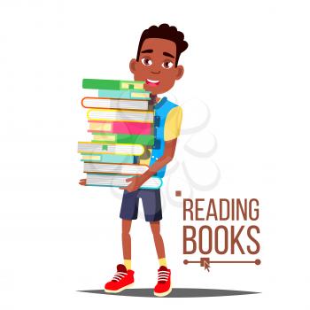 Children Reading Books Vector. Arfo American Boy With Big Stack Of Books. Education. Black. Child Library Concept. Isolated Cartoon Illustration