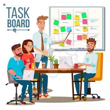 Business Characters Scrum Team Work Vector. Scrum Master. Strategy Planning Meeting. Sticky Note Cards. Isolated Flat Cartoon Illustration