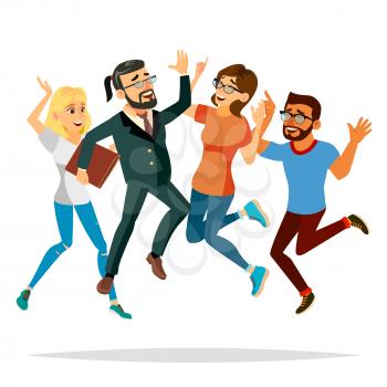 Business People Jumping Vector. Celebrating Victory Concept. Attainment. Entrepreneurship, Accomplishment. Best Worker, Achiever. Modern Office Employee, Manager Celebrating Success. Isolated Flat Cartoon Character Illustration
