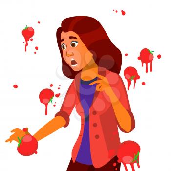 Business Woman Having Tomatoes From Crowd. Fail Speech Vector. Unsuccessful Presentation. Bad Public Speech. European. Isolated Illustration