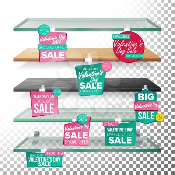 Empty Supermarket Shelves, Valentine s Day Sale Wobblers Vector. Price Tag Labels. Big Sale Banner. February 14 Selling Card. Discount Sticker. Love Sale Banners. Isolated Illustration