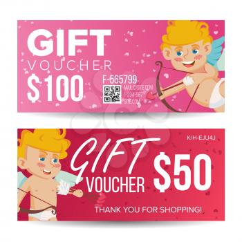 Valentine s Day Voucher Design Vector. Horizontal Discount. February 14. Valentine Cupid And Gifts. Love Advertisement. Marketing Red Illustration