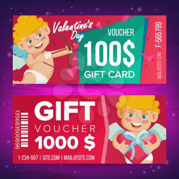 Valentine s Day Voucher Vector. Horizontal Free Banner. February 14. Valentine Cupid And Gifts. Love Advertisement. Cute Gift Red Illustration