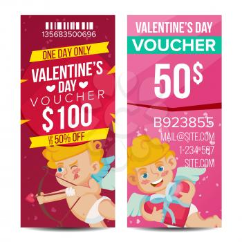 Valentine s Day Voucher Template Vector. Vertical Free Card. February 14. Valentine Cupid And Gifts. Holidays Love Advertisement. Gift Certificate Red Illustration