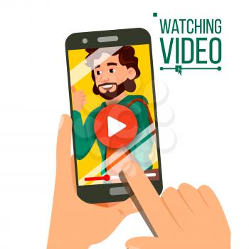Watching Video On Smartphone Vector. Human Hands With Gadget. Menu Panel. Music, Movie. Finger Touch Screen. Isolated Flat Illustration