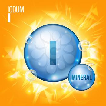 I Iodum Vector. Mineral Blue Pill Icon. Vitamin Capsule Pill Icon. Substance For Beauty, Cosmetic, Heath Promo Ads Design. Mineral Complex With Chemical Formula. Illustration