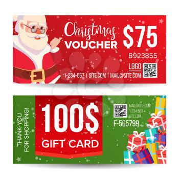 Voucher Coupon Template Vector. Horizontal Leaflet Offer. Merry Christmas. Happy New Year. Santa Claus And Gifts. Promotion Advertisement. Free Gift Illustration