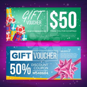 Voucher Vector. Horizontal Banner. Creative Holiday Cards Or Banners. End Of The Year Advertisement. Cute Gift Illustration