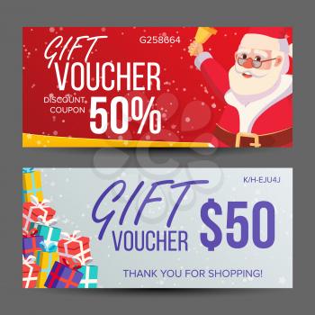 Christmas Voucher Template Vector. Horizontal Card. Happy New Year. Santa Claus And Gifts. Holidays Advertisement. Gift Certificate Illustration