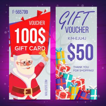 Christmas Voucher Template Vector. Vertical Card. Happy New Year. Santa Claus And Gifts. Holidays Advertisement. Gift Certificate Illustration