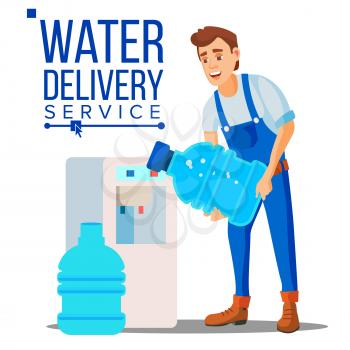 Water Delivery Service Man Vector. Drinking Clean Water. Bottled Water Shipment Worker. Isolated Flat Cartoon Illustration