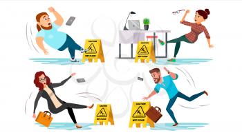 Caution Wet Floor Sign Vector. People Slips On Wet Floor. Situation In Office. Danger Sign. Clean Wet Floor. Isolated Flat Cartoon Illustration