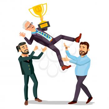 Winner Businessman Vector. Throwing Colleague Up. Colleague Celebrating Goal Achievement. Holding Golden Cup. Champion Number One. Flat Cartoon Illustration