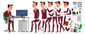 Office Worker Vector. Face Emotions, Various Gestures. Businessman Person. Smiling Executive, Servant, Workman Officer Isolated Illustration