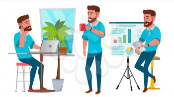 Business Man Character Vector. Working Man. Bearded. Environment Process Creative Studio. Full Length. Designer, Manager. Poses, Face Emotions, Gestures. Flat Cartoon Business Illustration