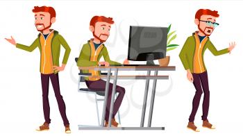 Office Worker Vector. Face Emotions, Various Gestures. Red Head, Ginger. Business Human. Smiling Manager, Servant, Workman Officer Flat Character Illustration
