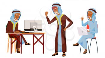 Arab Man Office Worker Vector. Islamic. Traditional Clothes. Old. Business Set. Face Emotions, Gestures. Adult Entrepreneur Business Man. Happy Clerk, Servant Arabic Employee Illustration