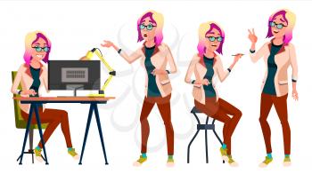 Office Worker Vector. Woman. Successful Officer, Clerk, Servant. Business Woman Worker. Face Emotions, Various Gestures Isolated Flat Illustration