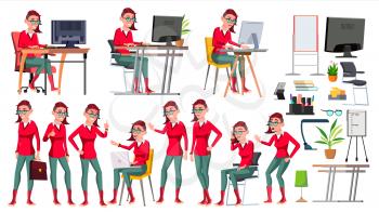 Office Worker Vector. Woman. Happy Clerk, Servant, Employee. Freak. In Action. Business Human. Emotions Various Gestures Isolated Character Illustration