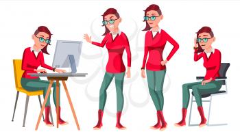Office Worker Vector. Woman. Happy Clerk, Servant, Employee. Poses. Emo, Freak Business Woman Person Lady Emotions Gestures Flat Character Illustration